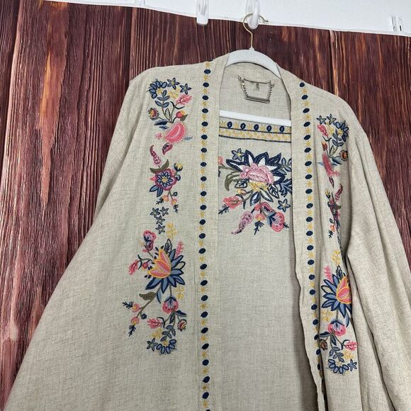 Paparazzi Womens Kimono Jacket Embroidered Open Front Beige Linen Blend Size XL - Picture 6 of 8